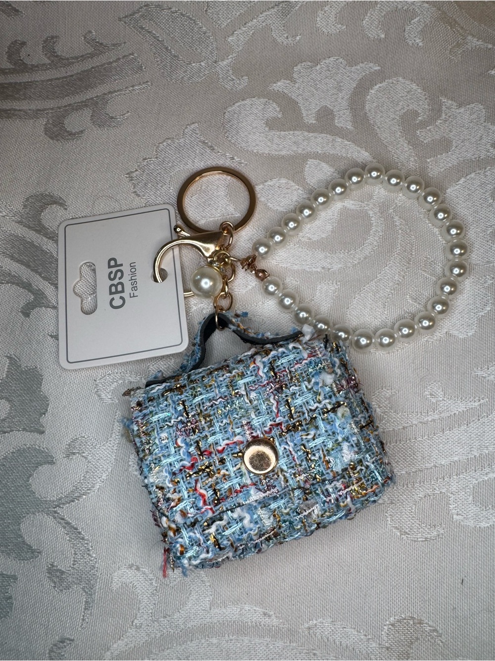 New Blue Tweed Mini Bag Keychain with Pearl Wristlet
